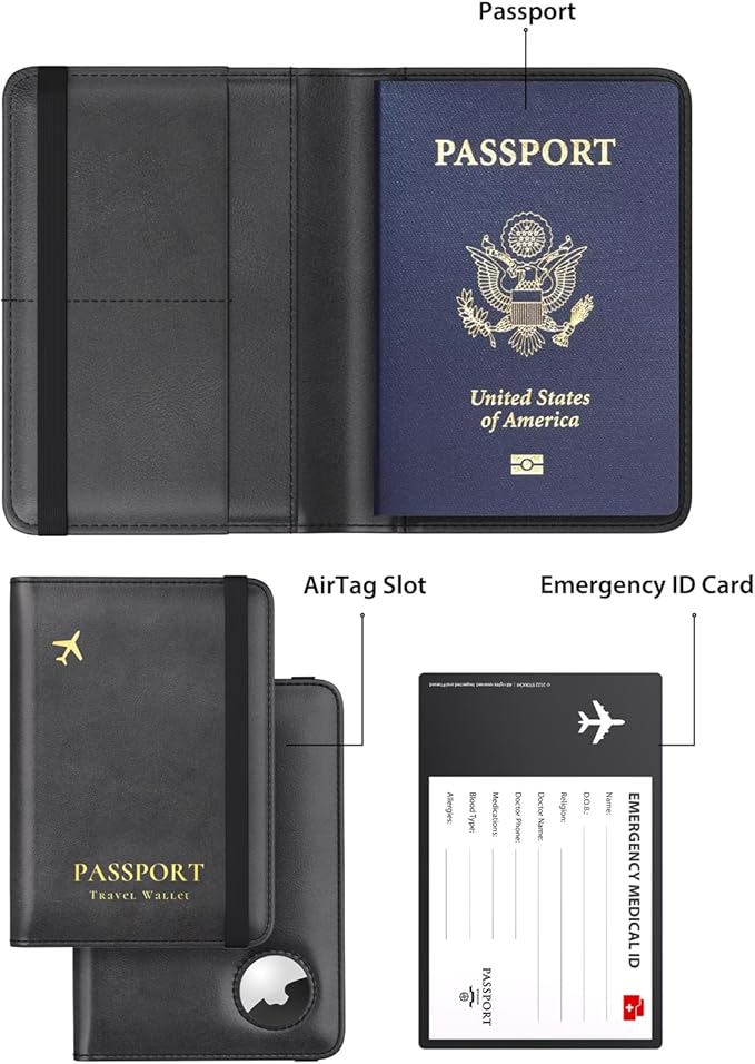 Stouchi AirTag Passport Holder, Slim Passport Holder Family with Airtag Slot, RFID Passport Wallet Cover for Men, PU Leather Passport Case, Anti-Lost Travel Accessories, Black