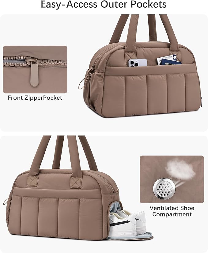 oscaurt Gym Bag for Women Puffer Duffle Bag for Travel Water Resistant Carry On Weekender Overnight Duffel Dance Bag with Shoe Compartment