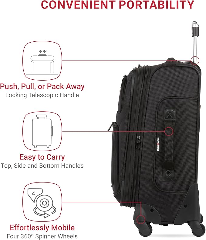 SWISSGEAR Sion Softside Expandable Spinner Luggage Durable Lightweight Travel Suitcase, Black, 2-Piece Set (21/29)