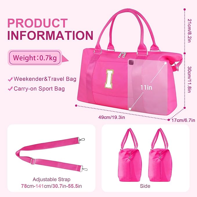 Dance Gym Duffel Bag for Teen Girls, Personalized Initial Travel Weekender Bag,Cute Overnight Carry On Duffle for Women,Sports Travel Cheer Bag,Monogram Christmas Gifts for Tween Preppy(rosered-I)