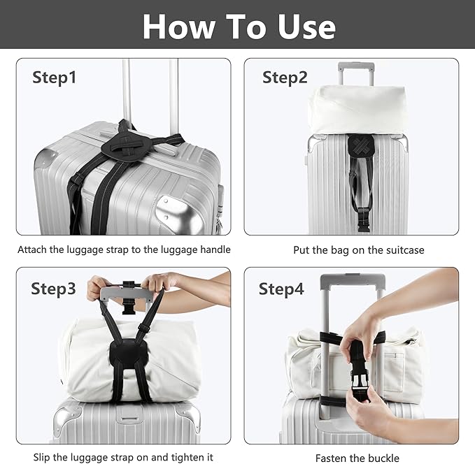 Luggage Bungee Straps for Attaching Bags - 2 Pack Adjustable Elastic Luggage Straps with Buckle, Black Luggage Strap for Suitcases Handle Carry on Add Bag, Backpack, Purse, Roller Bags, Handbag