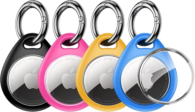 UNBREAKcable Holder for Apple AirTag - 4 Pack [Fit Tightly Design] [Easy to Install] [Hold Air Tag Securely] Waterproof TPU Shell Protective Case with All Metal Keychain Key Ring Clip