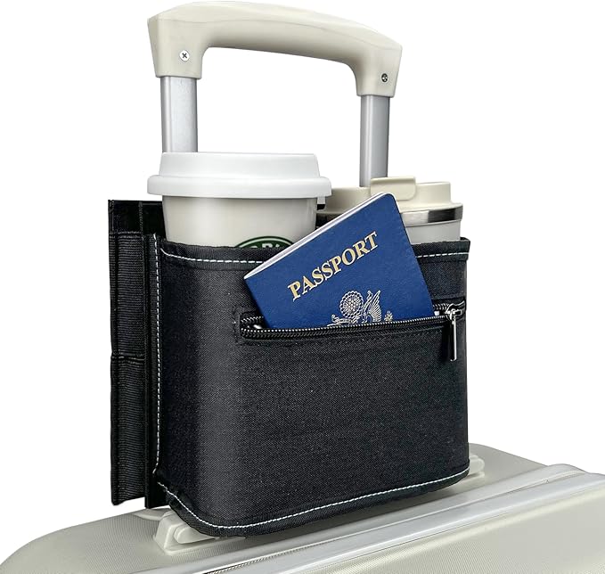 Travel Luggage Cup Holder, Liveagain Drink Caddy, Luggage Cup Holder Attachment, Free Hand Suitcase Drink Carrier for Drinks Beverages, Coffee, Bottles, Snack (Black)