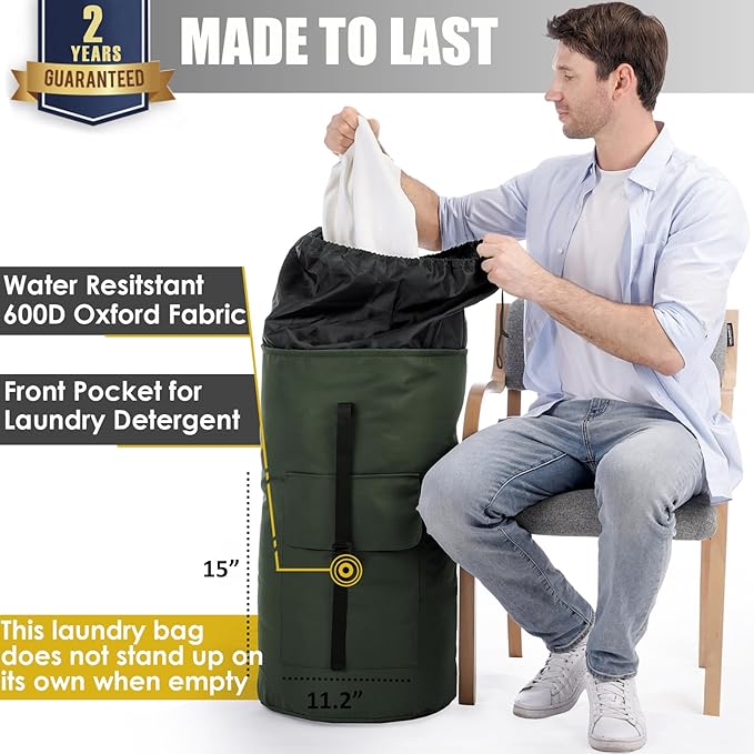 Backpack Laundry Bag, 115L Heavy Duty Extra Large College Laundry Backpack, Dirty Clothes Bag with Shoulder Straps, Laundry Hamper Bag with Drawstring Closure for College Dorm, Apartment Army Green