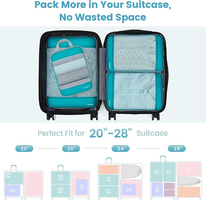Cambond See Through Mesh Compression Packing Cubes - 4 Piece Expandable Space Saving Packing Cubes for Travel, Lightweight Travel Bags Luggage Packing Organizer Essentials for Suitcases, Lake Blue