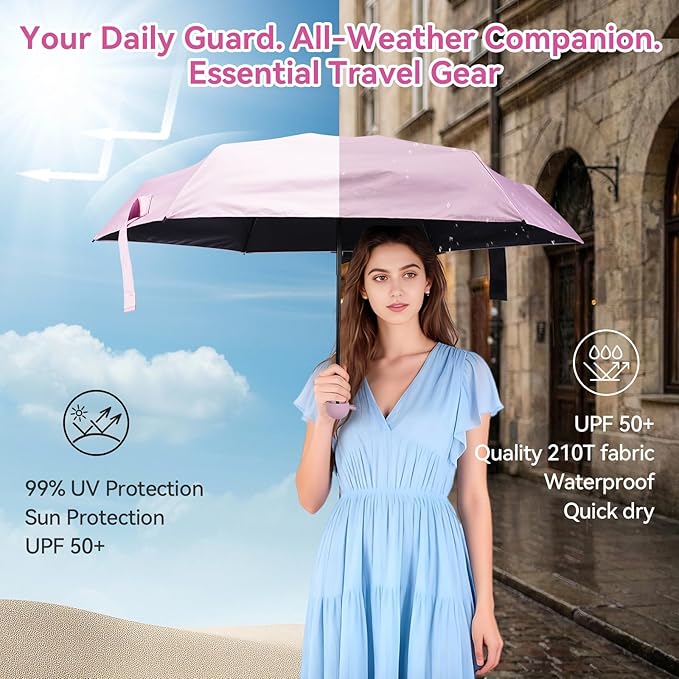 Mini Umbrella for Travel, Compact Folding Umbrella with Case, Lightweight 0.45lb Small Pocket for Backpack and Purse, Rain and Sun Protection - UPF 50+ Windproof Travel Umbrella Compact Mini for Outdoor Use