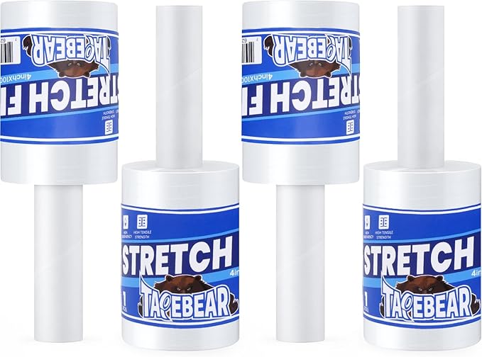 TAPEBEAR Stretch Wrap Film 4" x 1000Ft Shrink Wrap Roll with Handle, 60 Gauge Thick Durable Self-Adhering Clear Plastic Wrap Industrial Strength Pallet Shrink for Moving, Packing, 4Rolls
