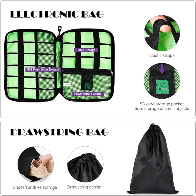 NiHome 7PCS Compression Packing Cube Set Expandable Mesh Travel Bag Luggage Organizers with Electronic Cable Cord Charger Organizer Drawstring Bag for Trip Home Storage Travel Gear Accessories