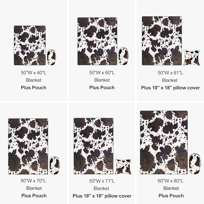 Bnuitland Brown Cow Print Throw Blanket with Storage Pouch, 300 GSM Double Sided Fuzzy Decor Lap Blanket for Bed/Sofa/Couch, Super Soft Cozy Flannel Throw Gift for Adults and Kids, 50×60 inch