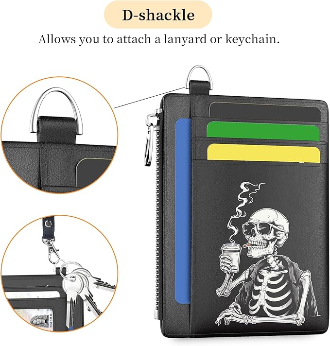 Hancynir Slim Wallet Women Credit Card Holder, Skull Skeleton RFID Blocking Small Mini Card Wallets, Funny Front Pocket PU Leather Card Case, Thin Travel Zipper Coin Cash Ladies Female Wallet Gifts