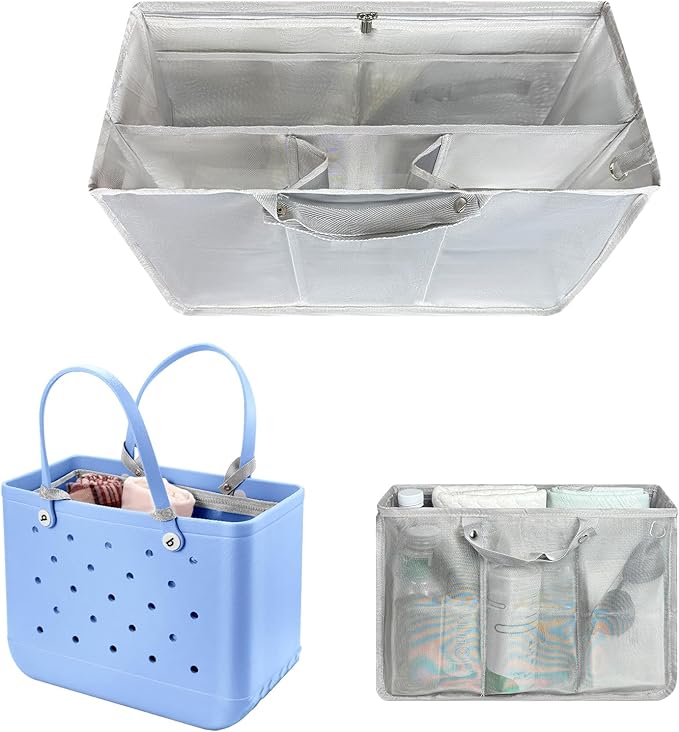 XYFuuee Beach Bag Organizer Inserts for Medium Bogg Bag Accessories, Original Small Lightweight Mesh Insert Divider Pouch, Organizing Rubber Tote Bags, Save Storage Space (Sliver Gray-M)