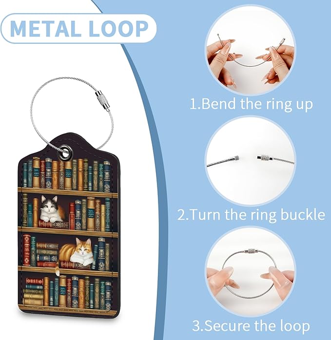 2 Pcs Luggage Tag for Suitcases, Goth Bookshelf Cat PU Leather Suitcase Tag Privacy Cover ID Label with Metal Loop, Personalized Baggage Identifier for Women Cruise Bag Travel Essentials
