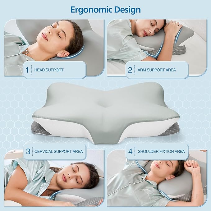Ergonomic Memory Foam Cervical Pillow for Neck Pain Relief - Contour Design with Dual Heights for Side/Back/Stomach Sleepers with Washable Breathable Pillowcas