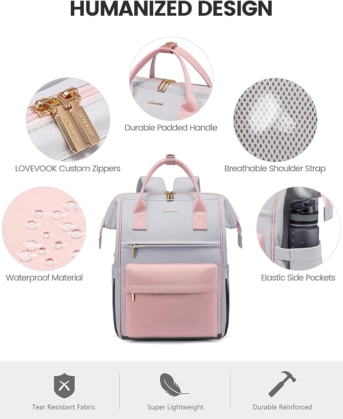 LOVEOVOOK 15.6 Inch Laptop Backpack for Women, Large Capacity Travel Backpack with USB Charging Port, Waterproof Work Backpack for Business, College, Nursing & Airline Travel,Pink&Gray