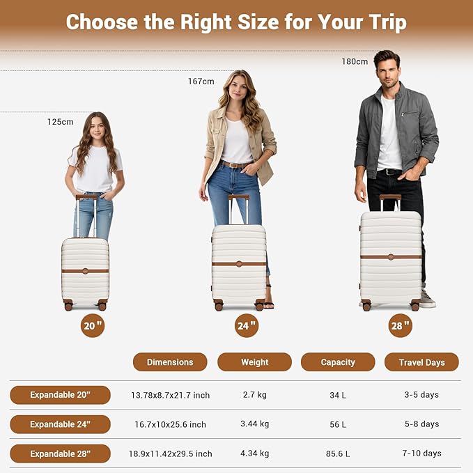 Kono Expandable 28 Inch Luggage with Spinner Wheels, Large Checked Luggage with Lock, Lightweight & Anti-Scratch PC+ABS Hardshell Travel Suitcase, White/Brown
