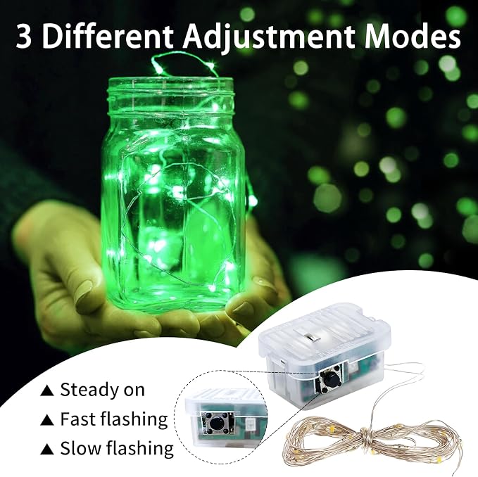12 Pack Green Fairy Lights 7Ft 20 LED Twinkle String Lights 3 Modes Battery Operated Waterproof Firefly Starry for Mason Jar Table Centerpieces Halloween Christmas St. Patrick's Day