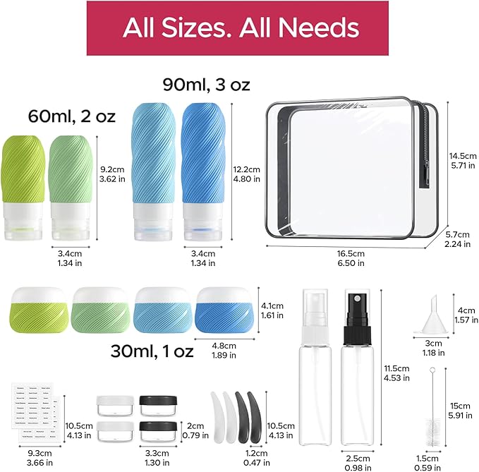 LitBear 23 Pack TSA Approved Travel Bottles for Toiletries, Leak Proof Refillable Travel Size Containers Kit with Silicone Squeezable Bottles Jars for Shampoo Lotion Conditioner, in Clear Bag, Blue