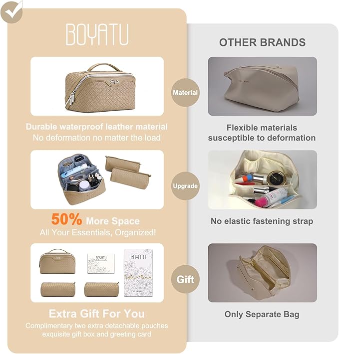 BOYATU Travel Makeup Bag Cosmetic Bags for Women: Large Capacity 3 Pcs Set Make up Bag with Compartments - Waterproof Vegan Leather Toiletry Organizer Bags with Handle (L12 Apricot)