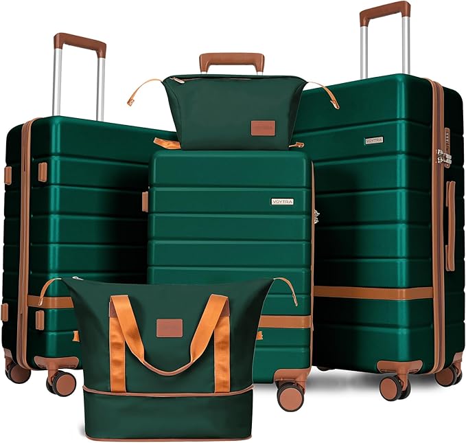 5-Piece Luggage Set for Family Travel, Lightweight Hardshell PC+ABS Suitcases set, Suitcase with 8 Smooth Spinner Wheels, TSA Lock, YKK Zippers (20/24/28/DB/TB Green)
