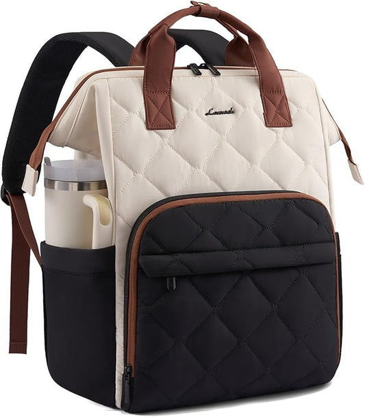 LOVEVOOK Laptop Backpack for Women, 15.6 inch Work Travel Backpack Purse, Puffer Quilted Laptop Backpack Casual Daypack for Nurse Teacher，Black-White-Brown