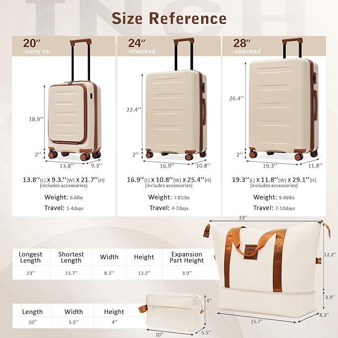 Merax Luggage Sets 5 Piece Front Open, Hardside 20" Carry On Suitcase Set with USB Port,Lightweight Expandable Travel 24" 28" Luggage with Bags TSA Locks Double Spinner Wheels,White and Brown