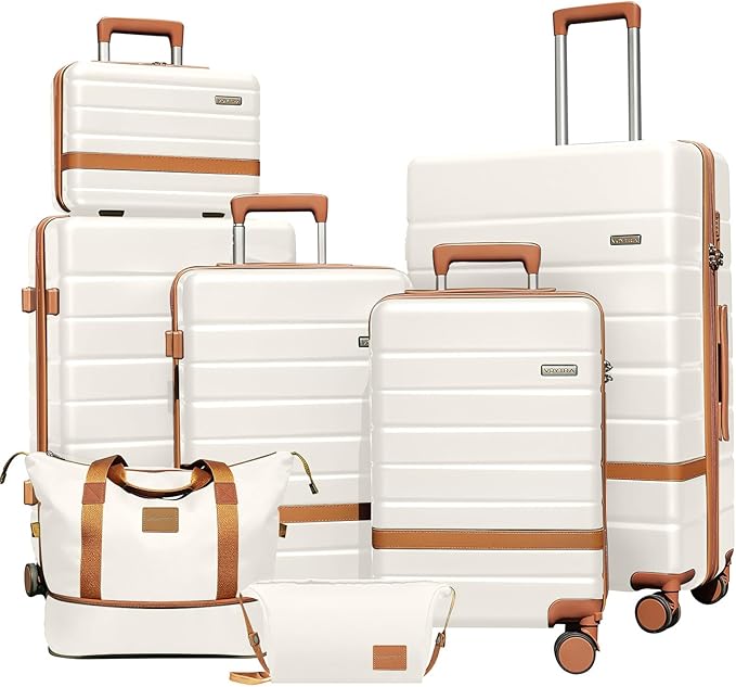 7 Piece Luggage Set for Family Travel, Lightweight Hardshell PC+ABS Suitcases set, Suitcase with 8 Smooth Spinner Wheels, TSA Lock, YKK Zippers(Beige)