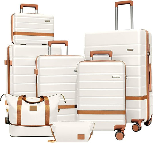 7 Piece Luggage Set for Family Travel, Lightweight Hardshell PC+ABS Suitcases set, Suitcase with 8 Smooth Spinner Wheels, TSA Lock, YKK Zippers(Beige)