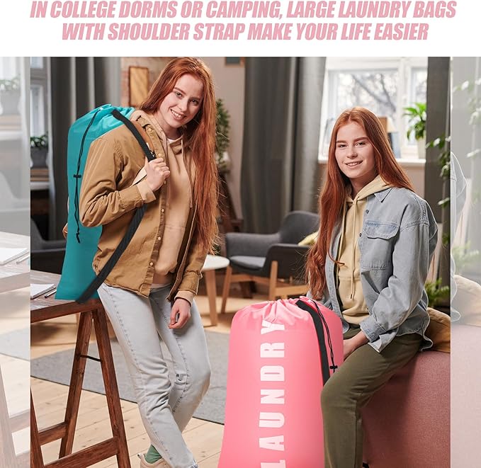 Heavy Duty Laundry Bag with Strap,2 Pack Travel Laundry Bags for Dirty Clothes,24" x 36" Large Laundry Bag for Traveling,Camping,Dorm (Cyan + Pink)