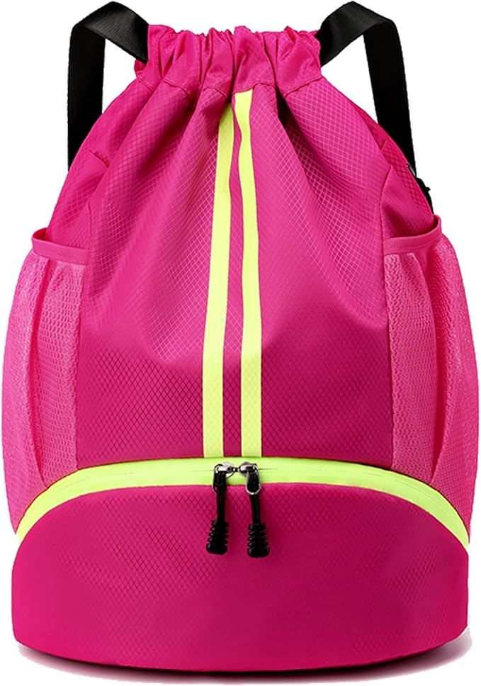 Drawstring Backpack Gym Bag with Shoes Compartment for Soccer, Basketball, Swim, Water-Resistant String Backpack Beach Cinch for Women Men, Rose