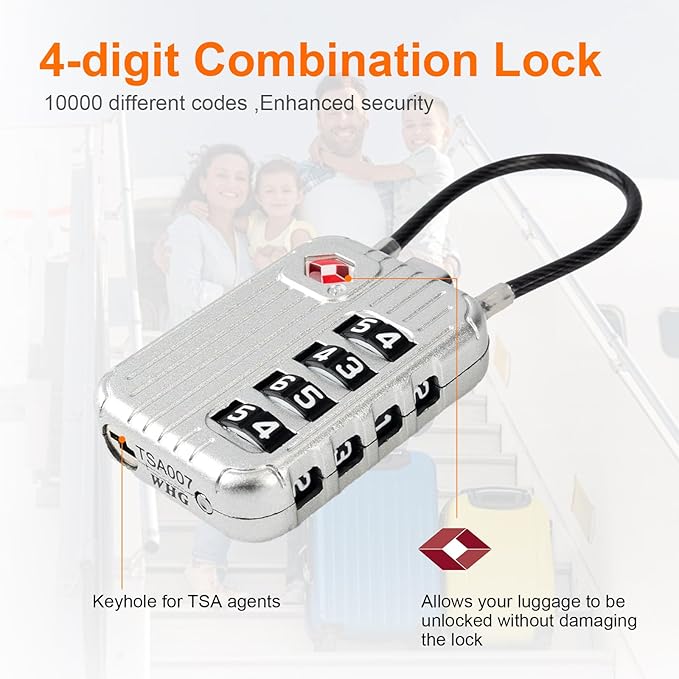 GRIFEMA GA1008W TSA Approved 4-Digit Combination Luggage Lock, Secure Travel Lock with Steel Cable for Suitcases, Backpacks, Gym Lockers - White