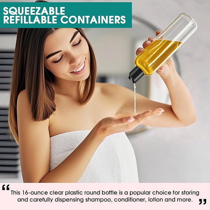 3Pcs 16 oz Clear Plastic Refillable Travel Shampoo and Conditioner Bottles with Black Disc Top Caps，Squeeze Empty Bottles Cosmetic Containers for Lotions, Body Soap Cream
