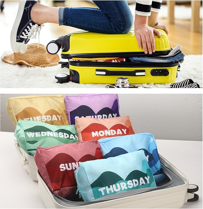 Paterr 7 Pcs Days of Week Packing Cubes Travel Cubes for Kids Colorful Luggage Organizers for Lightweight Packing Suitcase Bags for Boys Girls Family Camp Summer Vacations Accessories