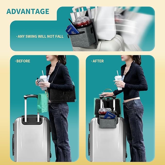 Travel Luggage Cup Holder, Liveagain Drink Caddy, Luggage Cup Holder Attachment, Free Hand Suitcase Drink Carrier for Drinks Beverages, Coffee, Bottles, Snack (Gray)