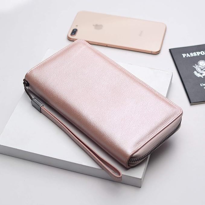 Bveyzi Women RFID Blocking Wallet Leather Zip Around Phone Clutch Large Capacity Ladies Travel Purse Wristlet | RFID Blocking, Zip Around, Large Capacity