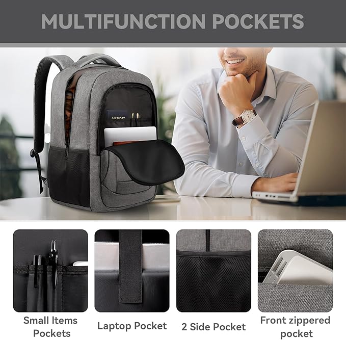 AREYTECO Travel Backpack, 17 Inch Laptop Backpack Airline Approved, Business Anti Theft Slim Sturdy Work Computer College High School Backpack Bag Fits 17.3 Inch Notebook for Men Women, Grey