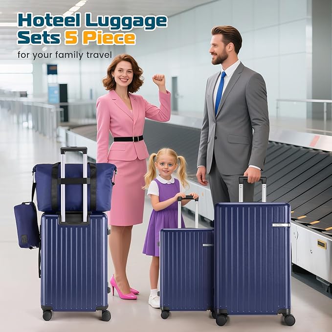 Hoteel Luggage Sets 5 Piece (4-YEARS WARRANTY), ABS+PC Suitcases with Wheels and Side Hook, Hardshell 20/24/28 inch Luggage with Duffel Bag Travel Bag, Dark Blue
