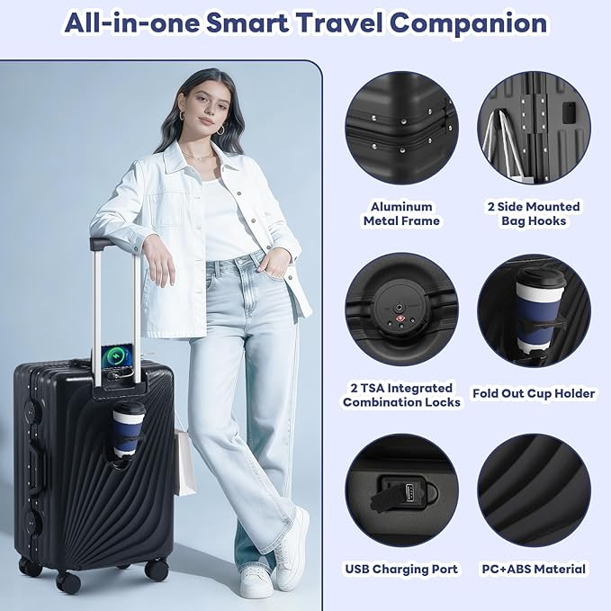 20 Inch Carry On Luggage, Zipperless Luggage with Spinner Wheels, Airline Approved Suitcase with Cup Holder, TSA Lock and USB Charger for Travel, Black