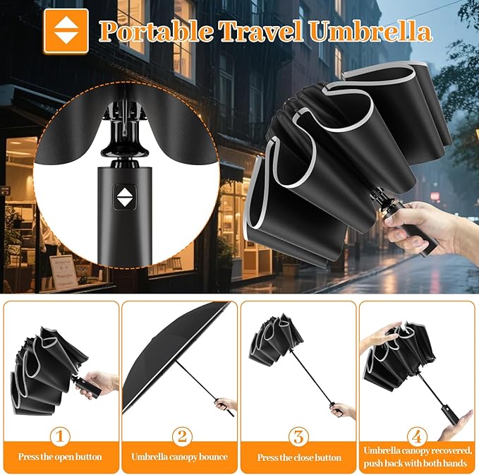 ExploreBliss Travel Umbrella Superior, Beautiful & Compact, Large Strong but Light Portable and Automatic Folding Rain Umbrella, Premium Grip, Fits Car & Backpack
