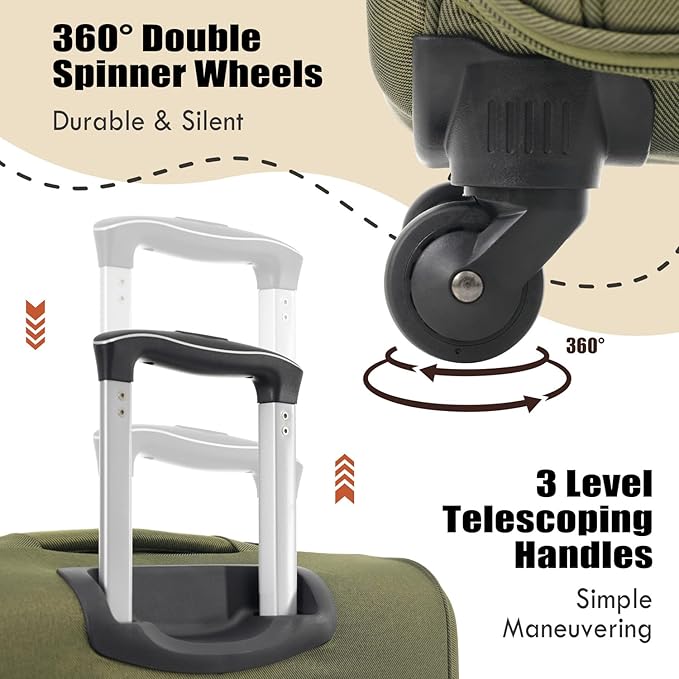 Luggage Sets Softside Expandable 3 Piece Set Lightweight Suitcase with Duffel Bag Upright Spinner Softshell, TSA Lock Carry On for Business for Family Travel (Army Green, 22"/26"/30")