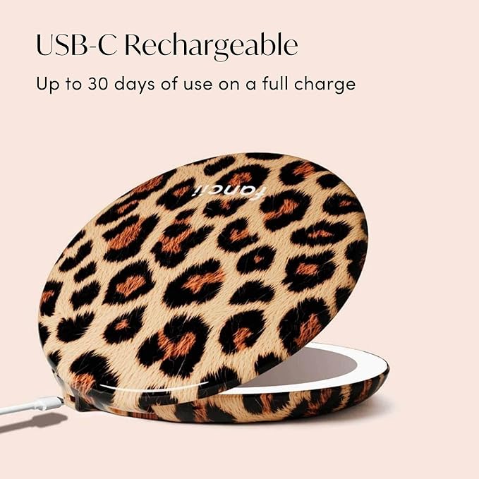 Fancii Taylor LED Lighted Travel Makeup Mirror, Rechargeable, 10x /1x Magnifying, Tru-Glow Lighting System, XL Large 5” Wide | Compact Mirror for Purses (Cheetah Chic)