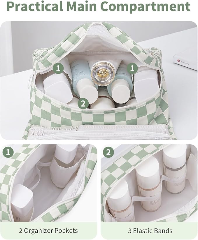 Narwey Small Hanging Travel Toiletry Bag for Traveling Women, Checkered Travel Bag for Toiletries, Makeup Bag Organizer Make Up Cosmetic Bags (Mint Green Checkerboard)