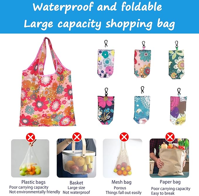 6 Pcs Reusable Shopping Bags Foldable, Machine Washable Shopping Grocery Bags in Pocket , Eco-Friendly Travel Recycle Shopping Bags, Waterproof Pouch Tote Bags for Daily Shopping Supplies load