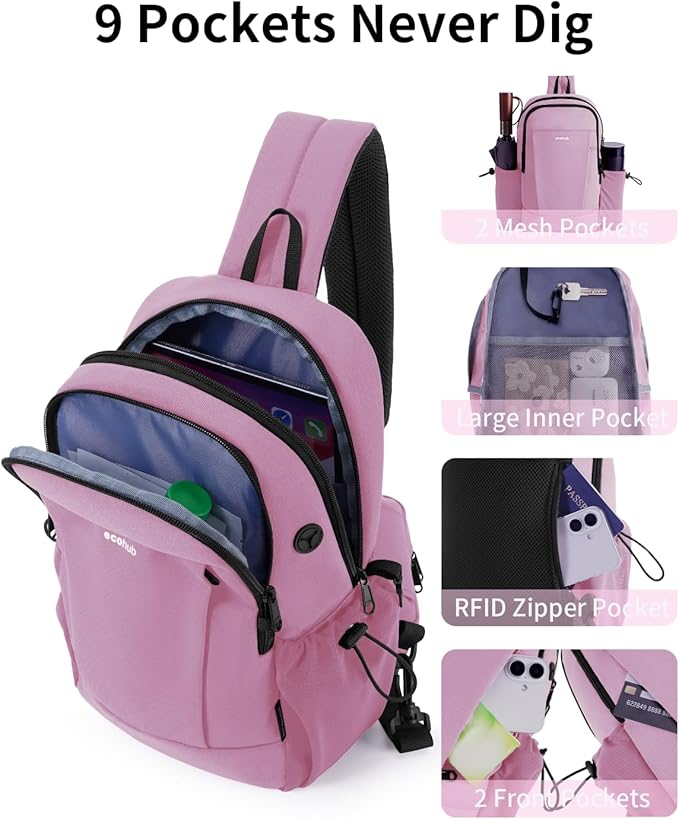 ECOHUB Anti-Theft Crossbody Bag Men Women, RFID Blocking Lightweight Sling Backpack Eco-Friendly with 9 Pockets Sturdy SBS Zippers Water Resistant for Travel Work Hiking Outdoor, Pink