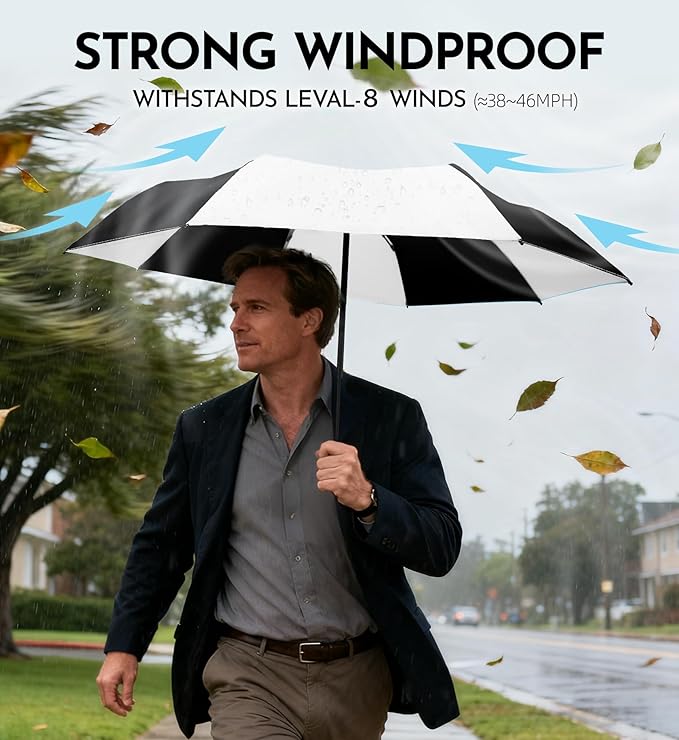 Windproof Travel Umbrella for Rain - 43" Auto Open Close 8-Rib Compact, Stylish Two-Tone Color Block Design, Easy-Close Folding Portable Parasol for Men & Women