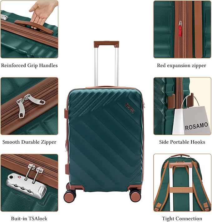 3 piece Luggage Set Expandable Suitcase 22x14x9 Airline Approved Carry on, ABS Hard Case Suitcases with Spinner Wheels, TSA Lock, (DarkGreen, 3 Piece Sets(20/BP/TB))