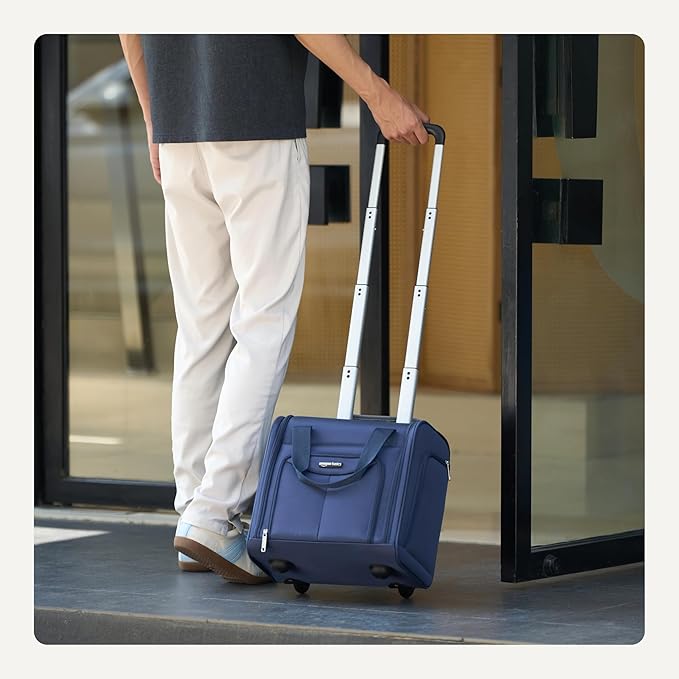 Amazon Basics Underseat Carry-On Luggage with Wheels and Handle, 14" Rolling Travel Bag, Fits Overhead Bins, Organized Compartments, Navy