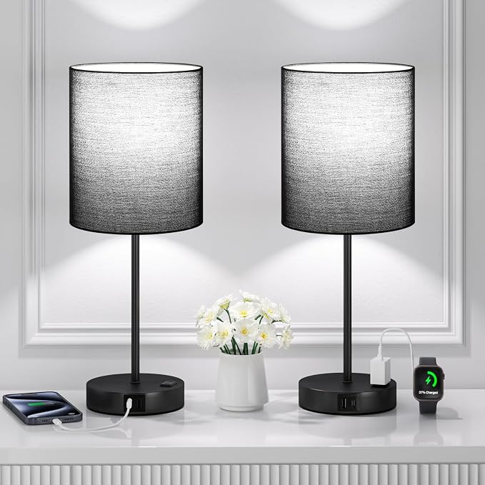 17.6" Black Touch Lamps for Bedroom Set of 2 - Dimmable, USB C+A, AC Outlet | Large 17.6" Tall Lamp, 3-Way Dimming, 5000K Daylight Bulbs, Black Lampshade Black Base, for Living Room, Boys, Men, Girls