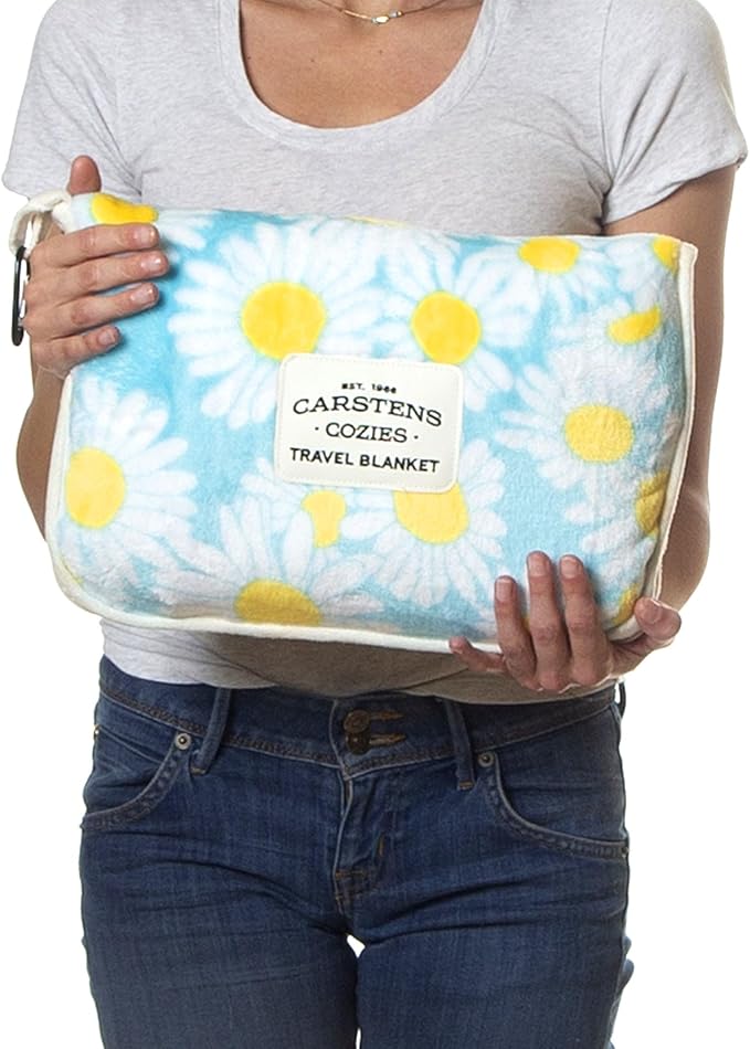 CARSTENS, INC. Travel Blanket, Premium Compact 2-in-1 Airplane Blanket/Pillow, Blue Daisy Floral