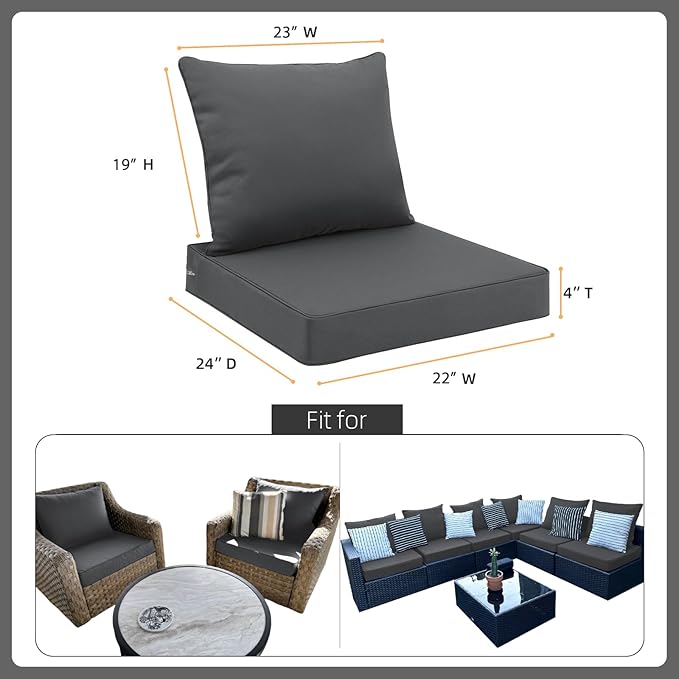 Favoyard Outdoor Seat Cushion Set 22 x 24 Inch Waterproof & Fade Resistant Patio Furniture Cushions with Removable Cover Deep Seat & Back Cushion with Tie Straps for Chair Sofa Couch