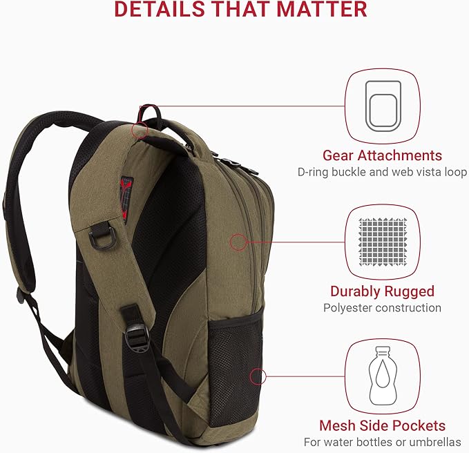 SwissGear 5505 Cecil 16” Laptop Backpack Olive – Daily Laptop Bag with Gear Attachment Options – Multiple Organizer Pockets & Padded Shoulder Straps